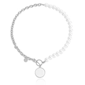 Fashion punk half-pearl half-chain necklace with OT clasp and round pendant - Pearl Spliced Polished Round Tag (ZW3232) / Steel