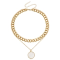 Double-layered gold curb chain necklace featuring a white shell round pendant - Double Layer Shell Round Tag (ZW833) / Gold