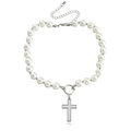 Elegant silver cross pendant necklace with white mother-of-pearl and round pearl chain - Cross Artificial Pearl Style (ZW1017) / Steel