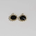Detail of two oval gold-plated Evil Eye pendants with black stone and beaded edges - Black