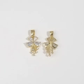 Detailed front and back view of gold flower pendants with pear-cut zircon and tassels - White