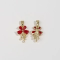 Golden flower pendant set with red gemstones and drop details shown from front and back - Red