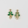 Gold clover pendant with pear-shaped green stones and white crystal drops, front and back view - Green