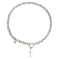 Silver chain necklace with cross and star charms featuring a toggle OT clasp - Cross and Pentagram Style (ZW422) / Steel