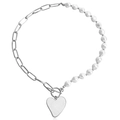 Silver paperclip chain necklace with white pearls, heart pendant and OT toggle clasp - Artificial Pearl Spliced Heart Style (ZW2257) / Steel