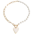Chic split chain necklace with pearls and heart shell pendant on a gold OT clasp - Artificial Pearl Spliced Heart Style (ZW2257) / Gold