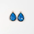 Pair of deep blue faceted water drop pendants with golden metal edging for DIY jewelry making - Teal