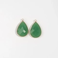 Pair of faceted green gemstone waterdrop pendants with gold plated edges for DIY jewelry - Dark Green