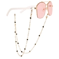 Pink lens sunglasses with golden metal frame and black beaded eyeglass chain strap - Black Round Bead Style (ZW744)