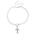 Faux pearl necklace with a silver crystal-encrusted geometric cross pendant and lobster clasp - Rhinestone Cross Style (ZW1031) / Steel (ZW1031)