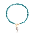 Turquoise bead necklace with gold toggle clasp and baroque pearl pendant - Sky Blue