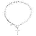 Silver chain and pearl necklace with a cross pendant and OT toggle clasp - Pearl Spliced Cross (ZW1665) / Gold
