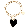 Goldenes Gliederkettenarmband mit großem schwarzem Herzanhänger und kleinem Metallschild - Gold Schwarzes Herz (ZW2394-2#)