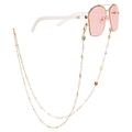 Pink sunglasses with gold frame and beaded chain featuring white pearls and colorful butterflies - Oval Pearl