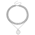 Silver double layer necklace with thick Cuban chain and white shell round pendant - Double Layer Shell Round Tag (ZW833) / Steel