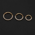 Detailed macro view of three gold hinged clickers with zircon stones in various sizes - Large / Gold