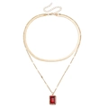 Double layer snake chain necklace with emerald-cut red gemstone pendant in golden finish - Red Rectangular Pendant / Gold/Red
