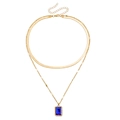 Double-layered gold snake chain necklace with a rectangular deep blue gemstone pendant - Royal Blue Rectangular Pendants / Gold/Royal Blue