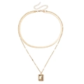 Gold double-layered necklace with flat herringbone chain and emerald-cut gemstone pendant - Transparent Yellow Rectangular Pendants / Gold/Clear Yellow