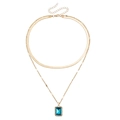 Double-layered golden snake chain necklace with a blue rectangular gemstone pendant - Gold/Lake Blue