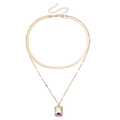 Double-layer gold herringbone chain necklace with iridescent gemstone rectangular pendant - Gold/Iridescent White