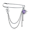 Broche de cadena plateado estilo punk con colgante de gema de corazón púrpura y clip - Estilo de Cadena Triple Alambre Espino Corazón Morado (ZW898)