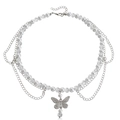 Double-layered pearl and crystal necklace featuring a silver butterfly pendant with tassels - Butterfly Tassel Style (ZW860 Silver)