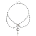 Double-layered pearl necklace featuring silver bow and heart cross pendant with drop pearl - Bow Heart Cross Style (ZW776 Silver)