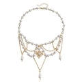 Double-layered pearl tassel necklace with heart pendant and cross star in gold finish - Heart Tassel Style (ZW909 Gold)