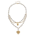 Three-layer gold heart pendant necklace with white pearls and faceted clear beads - Triple Layer Heart Style (ZW814 Gold)