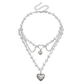 Detail view of double-layered silver necklace with pearls and hollow heart pendants - Double Layer Heart Style (ZW1997 Silver)