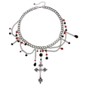 Double-layered gothic silver necklace with red beads and vintage cross pendant - Red Black Beads Cross Style (ZW2165 Silver)