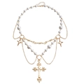 Double layer necklace with lustrous pearls and golden cross pendant with star charms - Thorn Cross Style (ZW850 Gold)