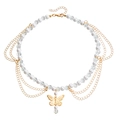 Double-layered beaded necklace featuring golden butterfly pendant and faux pearls - Butterfly Tassel Style (ZW860 Gold)