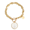 Gold chunky chain bracelet with white mother of pearl round pendant and toggle clasp - White Shell Circle (ZW510-1#)