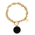 Gold chunky chain bracelet with black circular pendant and secure toggle clasp - Black Enamel Circle (ZW510-2#)