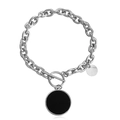 Thick silver link chain bracelet with black circular pendant and secure OT toggle clasp - Steel Color Black Circle (ZW510-4#)
