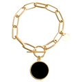 Goldenes Gliederkettenarmband mit schwarzem Rundanhänger und klassischem OT-Verschluss - Goldene Büroklammerkette mit schwarzem Kreis (ZW825-2#)