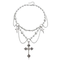 Double-layer pearl and metal chain necklace with cross and star pendants in silver - Thorn Cross Style (ZW850 Silver)
