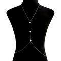 Sexy silver body chain with three white pearls on a black mannequin for beach or club wear - Three Artificial Pearls Style (ZW1278 Gold)
