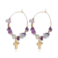 Bohemian gold hoop earrings with purple stone beads and a hanging cross charm - Cross Style (ZW077-4)