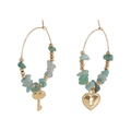 Bohemian gold hoop earrings with green natural stones and heart lock and key charms - Key Heart Style (ZW077-6)