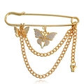 Golden butterfly multi-layer chain brooch with white pearls on a safety pin base - Three Butterfly Decorations (zw651)