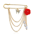 Golden chain pin brooch with red rose, crystal butterfly and elegant white pearls - Red Rose Butterfly Tassel (zw458)