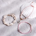 Bohemian three-piece anklet set with natural shells and pink evil eye beads for beach wear - Pink