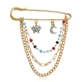 Broche dorée à chaînes multiples avec pendentifs papillon et lune en strass brillants - Pompon Perlé Étoile Et Lune (zw424)
