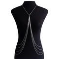 Silver multi-layer body chain featuring four white pearls on a black mannequin - Silver