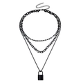 Three-layer matte black multi-strand chain necklace with a rectangular padlock pendant - Black