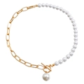 Detail of OT toggle clasp on gold link chain and white pearl strand necklace - Gold White Stitching (ZW2374)