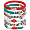 Five-piece Christmas themed elastic bracelet set with Heishi beads and Santa charms - Merry Letter Multi-Layer Combination (ZW3203)